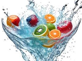 a fresh colorful tasty fruit splashing into cold water isolated on white background. . photo