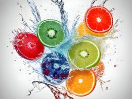 a fresh colorful tasty fruit splashing into cold water isolated on white background. . photo
