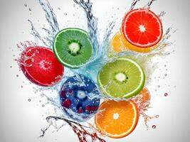 a fresh colorful tasty fruit splashing into cold water isolated on white background. Generative ai. photo