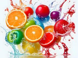 a fresh colorful tasty fruit splashing into cold water isolated on white background. . photo