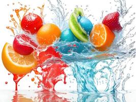 a fresh colorful tasty fruit splashing into cold water isolated on white background. . photo
