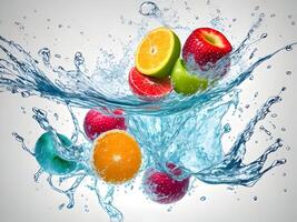 a fresh colorful tasty fruit splashing into cold water isolated on white background. Generative ai. photo