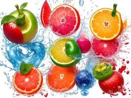 a fresh colorful tasty fruit splashing into cold water isolated on white background. . photo