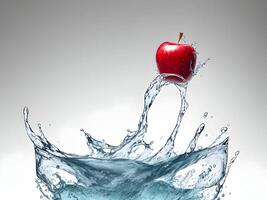 a fresh colorful apple splashing into cold water isolated on white background. Generative ai. photo