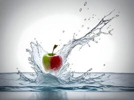 a fresh colorful apple splashing into cold water isolated on white background. Generative ai. photo