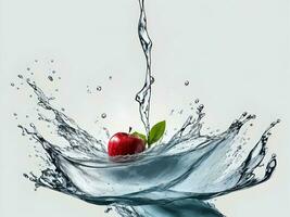 a fresh colorful apple splashing into cold water isolated on white background. Generative ai. photo