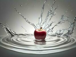 a fresh colorful apple splashing into cold water isolated on white background. Generative ai. photo