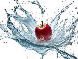 a fresh colorful apple splashing into cold water isolated on white background. Generative ai. photo