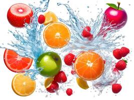 a fresh colorful tasty fruit splashing into cold water isolated on white background. . photo