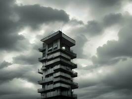 A vintage old building with dark clouds in the sky, AI generation. photo