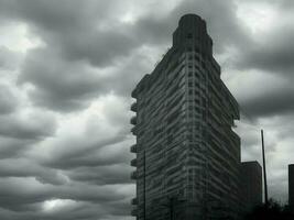 un Clásico antiguo edificio con oscuro nubes en el cielo, ai generación. foto