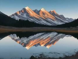 Nature beauty captured tranquil scenes of mountain peak reflection, AI generation. photo