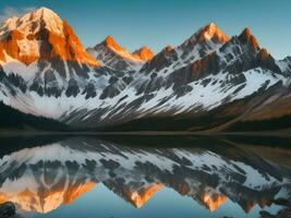 Nature beauty captured tranquil scenes of mountain peak reflection, AI generation. photo