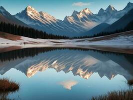 Nature beauty captured tranquil scenes of mountain peak reflection, AI generation. photo