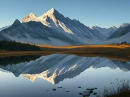 Nature beauty captured tranquil scenes of mountain peak reflection, AI generation. photo