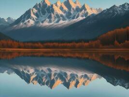 Nature beauty captured tranquil scenes of mountain peak reflection, AI generation. photo