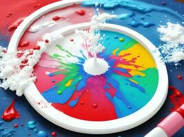 Splashing colorful powder on a frame on white background, AI generation. photo