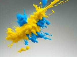yellow and blue powder on white background, AI generation. photo