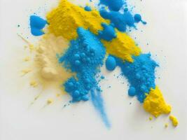 yellow and blue powder on white background, AI generation. photo
