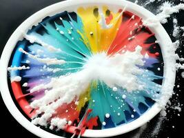 Splashing colorful powder on a frame on white background, AI generation. photo