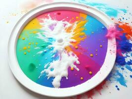 Splashing colorful powder on a frame on white background, AI generation. photo
