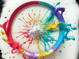 Splashing colorful powder on a frame on white background, AI generation. photo