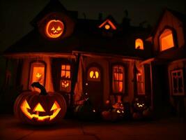 A Halloween pumpkin horror black theme for a happy Halloween celebration, AI generation. photo