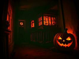 A Halloween pumpkin horror black theme for a happy Halloween celebration, AI generation. photo