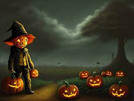 a Halloween pumpkin with a horror boy in a black jungle. Generative ai. photo