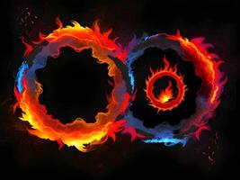 abstract fire and water fiery circle on a black background. Generative ai. photo