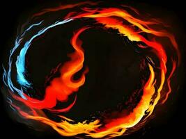 resumen fuego y agua ardiente circulo en un negro antecedentes. generativo ai. foto