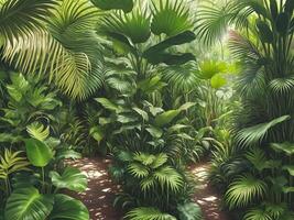 Jungle on a sunny day Beautiful tropical forest with plants flowers palm trees. . photo
