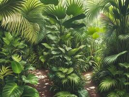 Jungle on a sunny day Beautiful tropical forest with plants flowers palm trees. Generative ai. photo