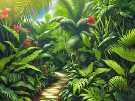 Jungle on a sunny day Beautiful tropical forest with plants flowers palm trees. Generative ai. photo