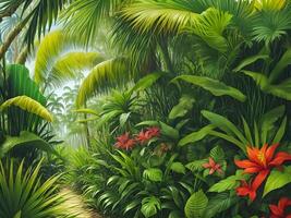 Jungle on a sunny day Beautiful tropical forest with plants flowers palm trees. . photo