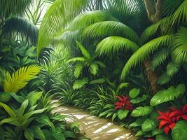 Jungle on a sunny day Beautiful tropical forest with plants flowers palm trees. . photo