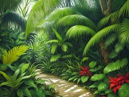 Jungle on a sunny day Beautiful tropical forest with plants flowers palm trees. Generative ai. photo