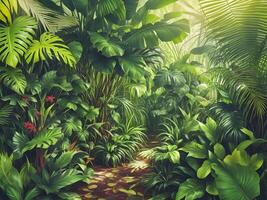 Jungle on a sunny day Beautiful tropical forest with plants flowers palm trees. . photo