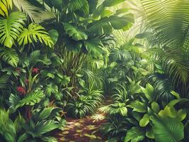 Jungle on a sunny day Beautiful tropical forest with plants flowers palm trees. Generative ai. photo