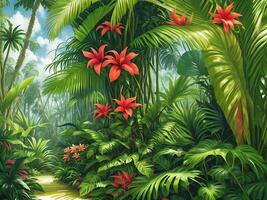Jungle on a sunny day Beautiful tropical forest with plants flowers palm trees. . photo