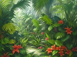 Jungle on a sunny day Beautiful tropical forest with plants flowers palm trees. . photo