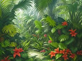 Jungle on a sunny day Beautiful tropical forest with plants flowers palm trees. Generative ai. photo