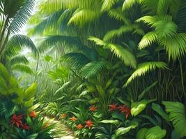 Jungle on a sunny day Beautiful tropical forest with plants flowers palm trees. . photo