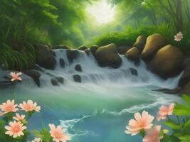 Waterfall in the natural green jungle. . photo