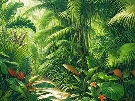 Jungle on a sunny day Beautiful tropical forest with plants flowers palm trees. Generative ai. photo