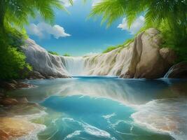 Waterfall in the natural green jungle. . photo