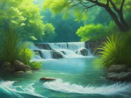 Waterfall in the natural green jungle. . photo