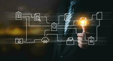 Businessman showing thumbs up to unit document management system, Document Management System DMS in addition to digitization and process automation to efficiently manage files, business technology. photo