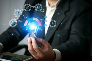 Businessman Hand holding Light bulb Global Internet connection. Business global internet connection application technology and digital marketing, Financial and banking, Digital link tech, big data. photo