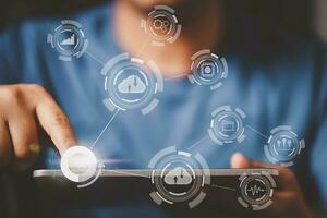 Businessman touch mobile smartphone. Business global internet connection application technology and digital marketing, Financial and banking, Digital link tech, big data. photo
